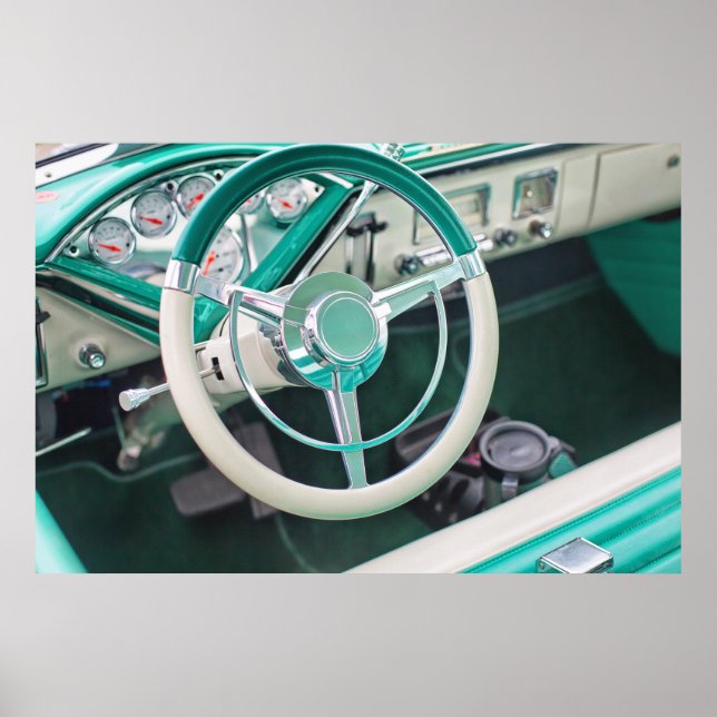 Close up: interior of turquoise 1950s classic car, poster (Front)