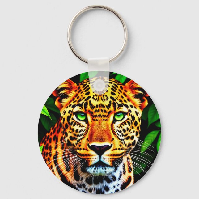 Close-Up Jaguar Leopard Face with Green Eyes Key Ring (Front)