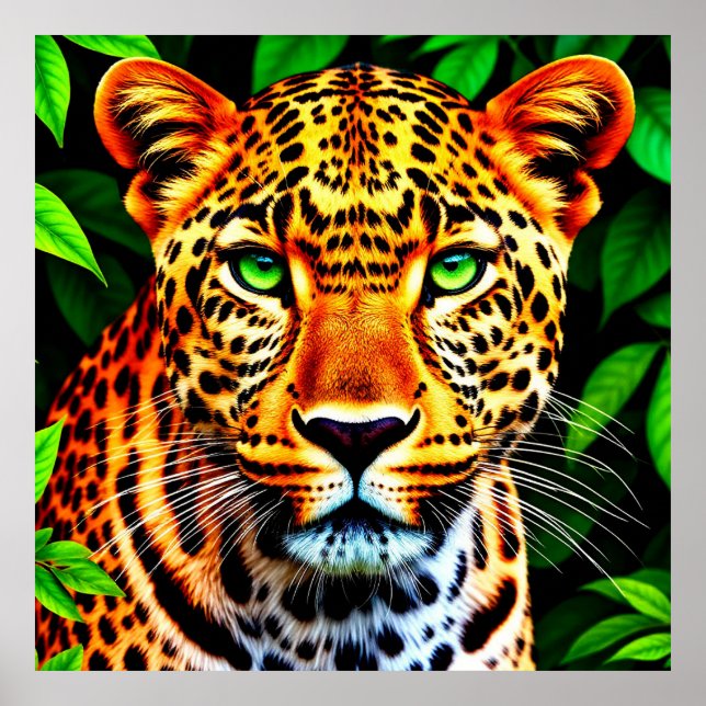 Close-Up Jaguar Leopard Face with Green Eyes Poster (Front)