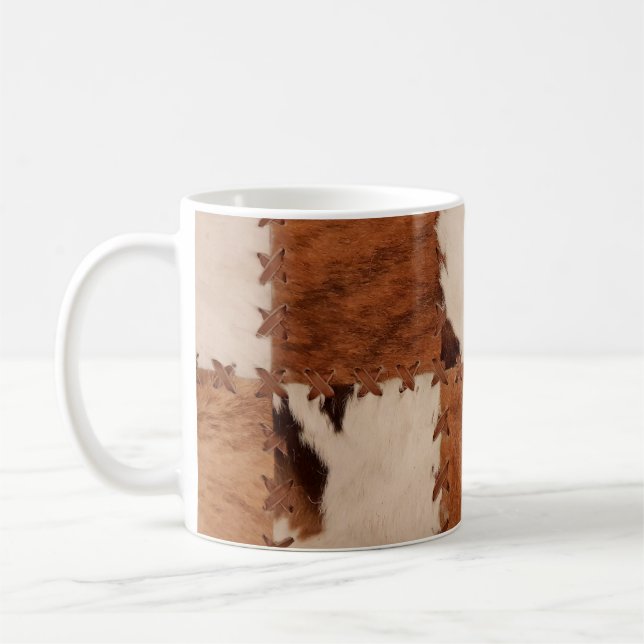 Close up leather patchwork textured background. coffee mug (Left)