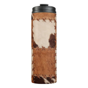 Close up leather patchwork textured background. thermal tumbler