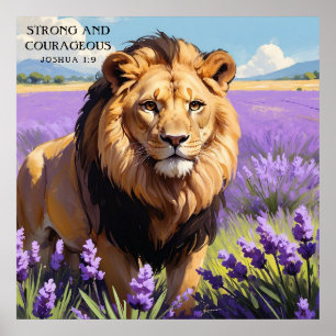 Close Up Lion in Lavender Flower Field Painting Poster