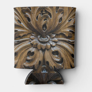 Close-Up Oak Wood Carving: Carpentry Detail Can Cooler