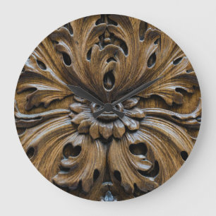 Close-Up Oak Wood Carving: Carpentry Detail Large Clock