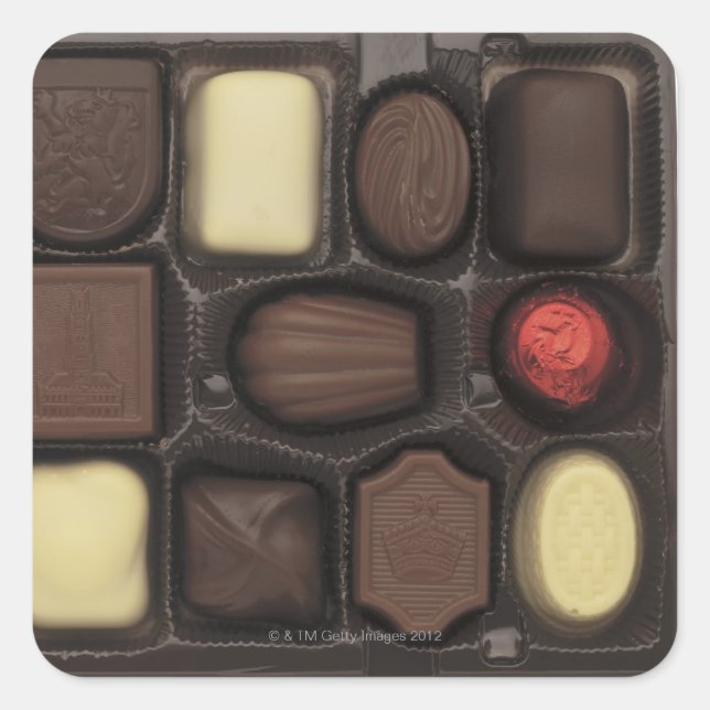 close-up of a box of assorted chocolates square sticker (Front)
