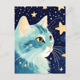 Close up of a cat with stars in the background postcard