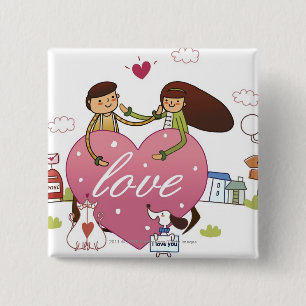 Close-up of a couple holding a heart shape 15 cm square badge