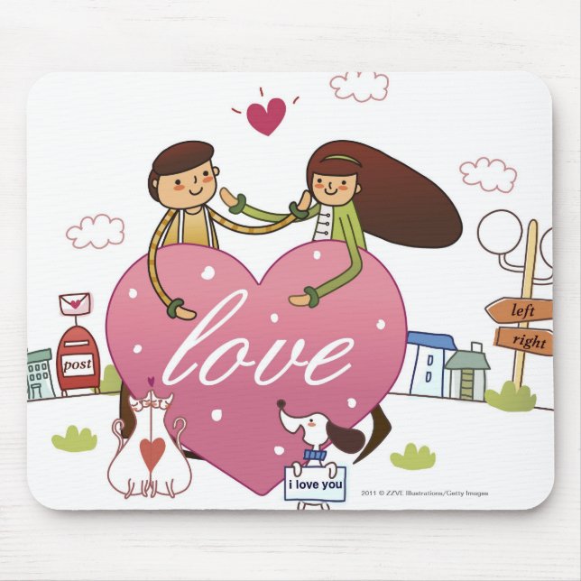 Close-up of a couple holding a heart shape mouse mat (Front)