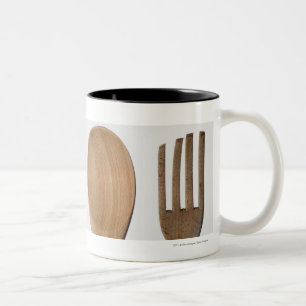 Close-up of a fork with a wooden spoon Two-Tone coffee mug