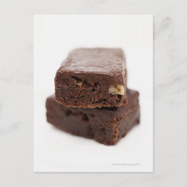 Close-up of a pile of two chocolate brownies on postcard (Front)
