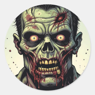 Close Up of a Pop Art Zombie Halloween Classic Round Sticker