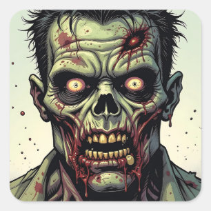 Close Up of a Pop Art Zombie Halloween Square Sticker