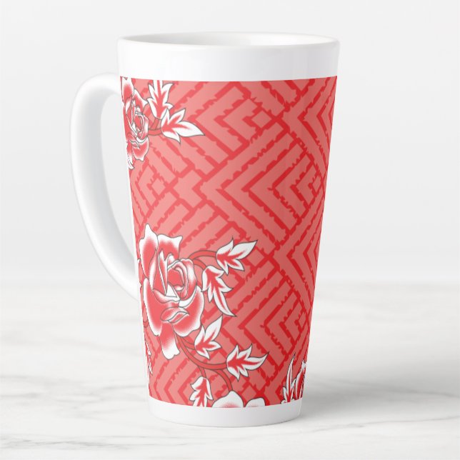 Close-up of a red and black patterned fabric, fe latte mug (Left Angle)