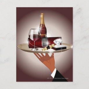 Close-up of a waiter's hand holding a tray postcard