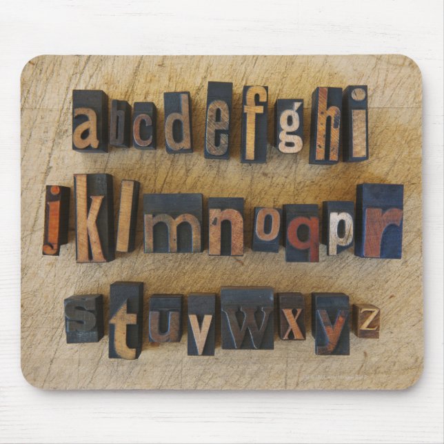 Close up of alphabet on letterpress 2 mouse mat (Front)