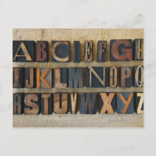 Close up of alphabet on letterpress postcard