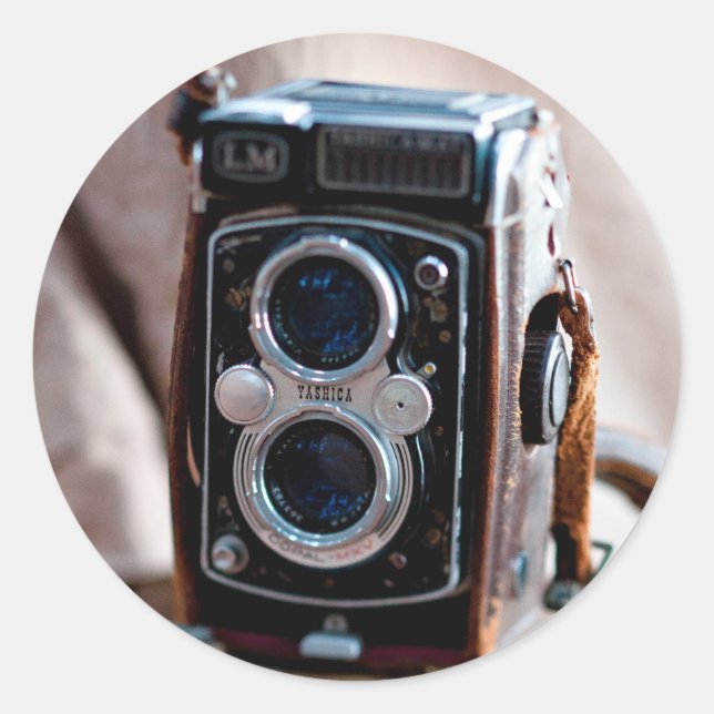 Close-up of an antique camera classic round sticker (Front)