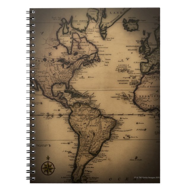 Close up of antique world map notebook (Front)