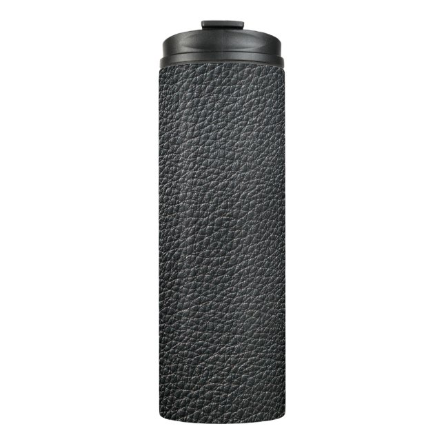 Close up of black leather texture and backgroundle thermal tumbler (Front)