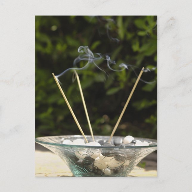 Close-up of burning incense sticks with pebbles postcard (Front)