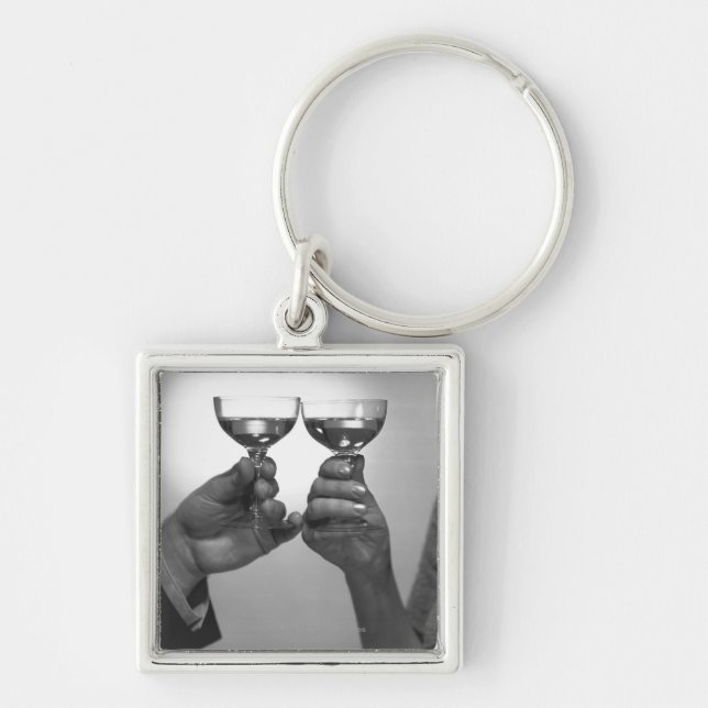 Close up of couple toasting with white wine B&W Key Ring (Front)