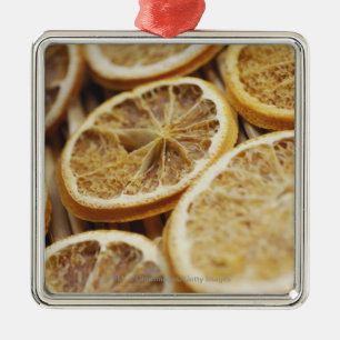 Close-up of dried slices of lemon metal tree decoration