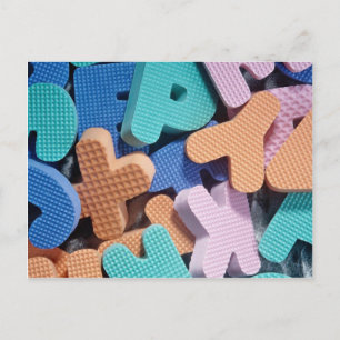 Close-up of foam letters for kids postcard