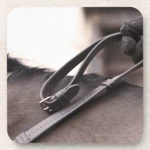 close-up of hand holding reins of horse coaster