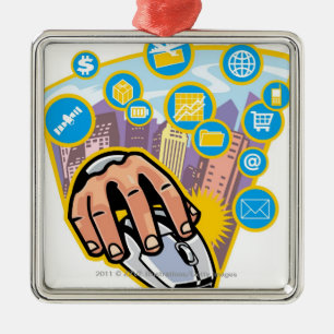 Close-up of hand on computer mouse metal tree decoration