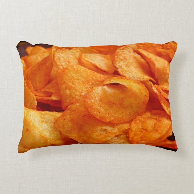 Close up of juicy, crispy, chips on black plate. decorative cushion (Front)