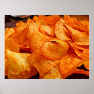 Close up of juicy, crispy, chips on black plate. poster