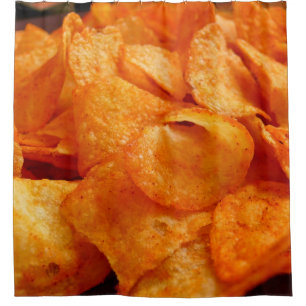 Close up of juicy, crispy, chips on black plate. shower curtain