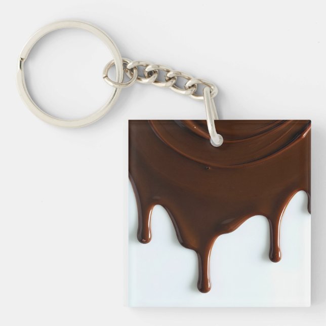 Close-Up of Melting Dark Chocolate Dripping on Whi Key Ring (Front)