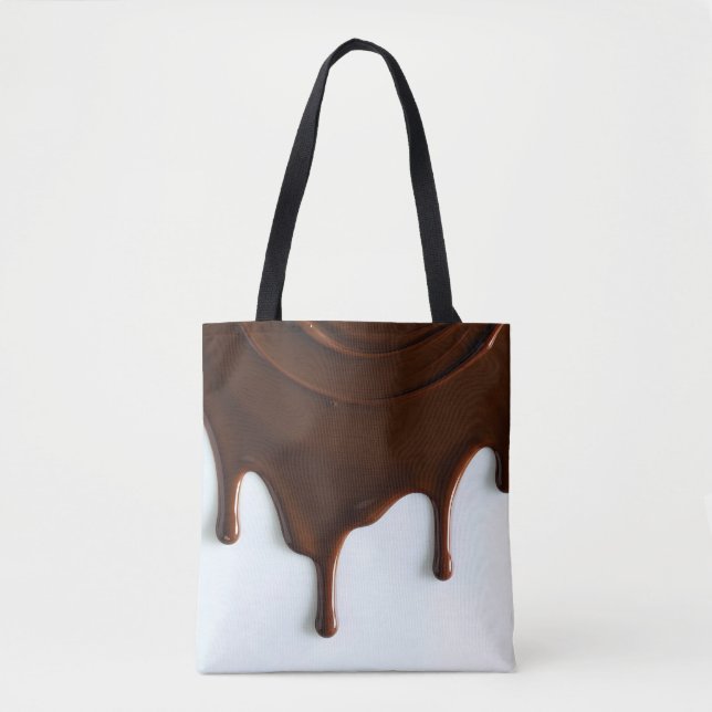 Close-Up of Melting Dark Chocolate Dripping on Whi Tote Bag (Front)