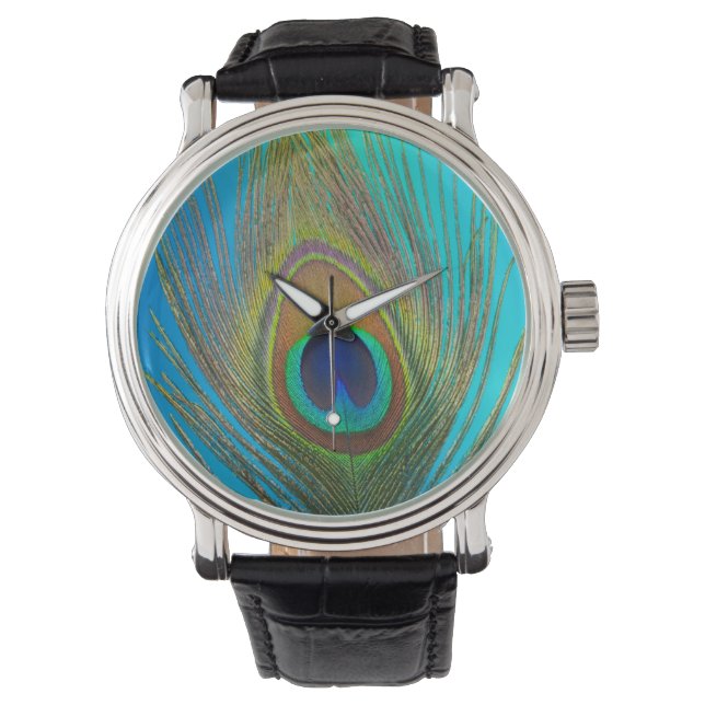 Close up of peacock feather watch (Front)