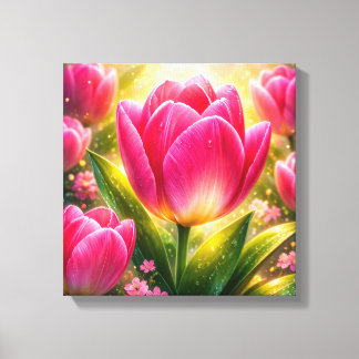 Close-up of Pink Tulips with Dew and Sunlight Glow Canvas Print