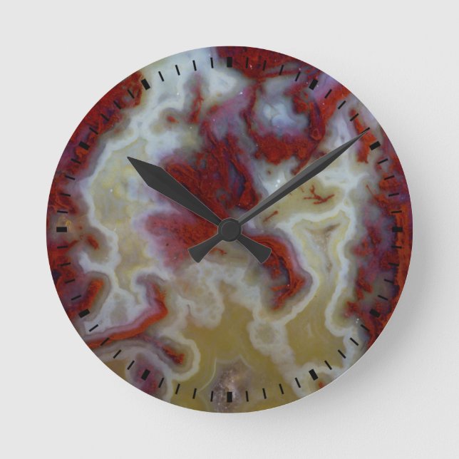 Close up of Red Moss Agate Slab Round Clock (Front)
