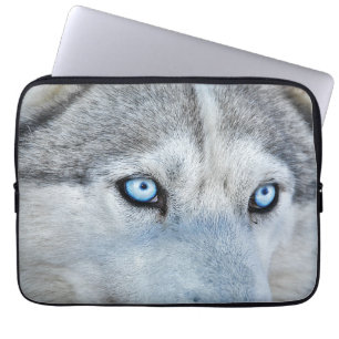 Close up of Siberian Husky with Blue Eyes Laptop Sleeve