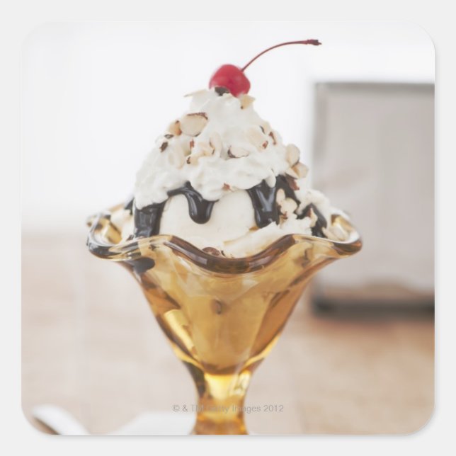 Close up of sundae with cherry on top square sticker (Front)