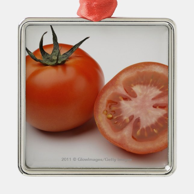 Close-up of two tomatoes metal tree decoration (Front)