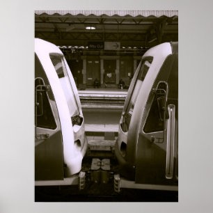 Close-Up of Two Trains at Railway Station Platform Poster