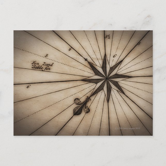 Close up of wind rose on antique map postcard (Front)