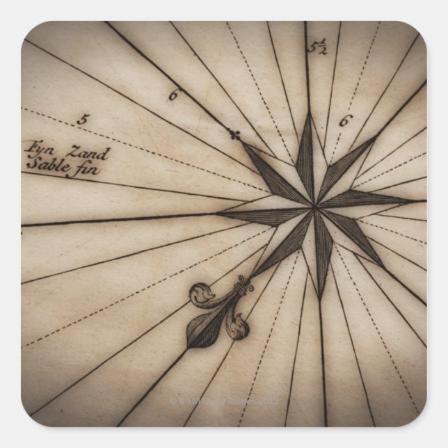Close up of wind rose on antique map square sticker (Front)