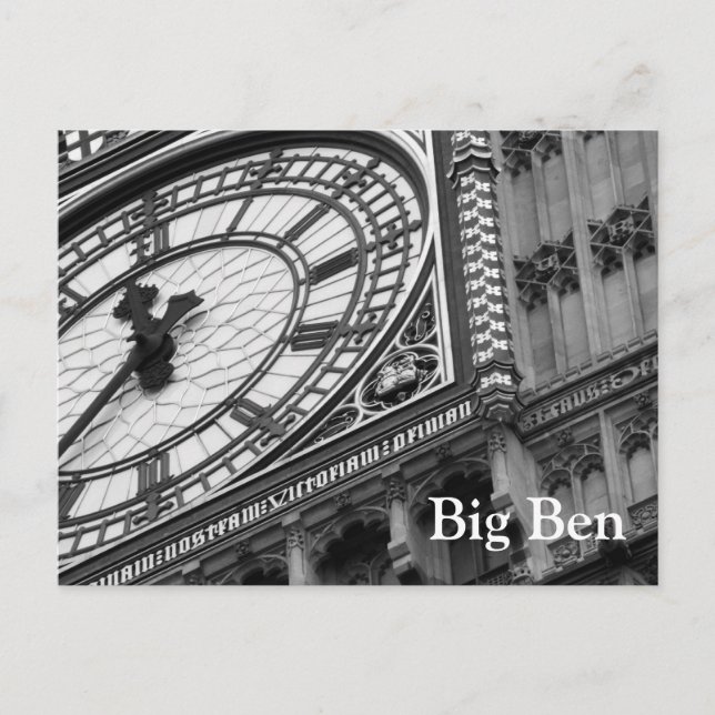 Close up on Big Ben in black and white Postcard (Front)