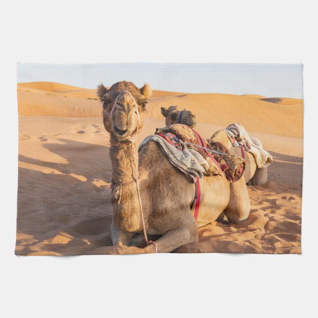Close-up on funny camel in Oman Wahiba desert Tea Towel (Horizontal)