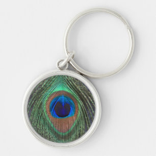 Close Up Peacock Feather on Grey Small Premium Key Ring