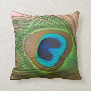Close Up Peacock Feather with Pink Still Life Cushion