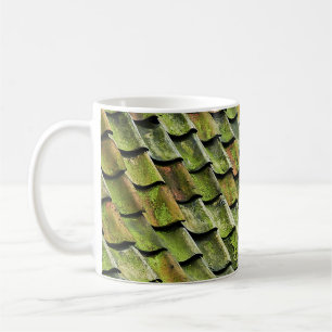 Close-up photo of green shingle roof coffee mug