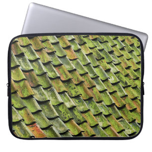Close-up photo of green shingle roof laptop sleeve