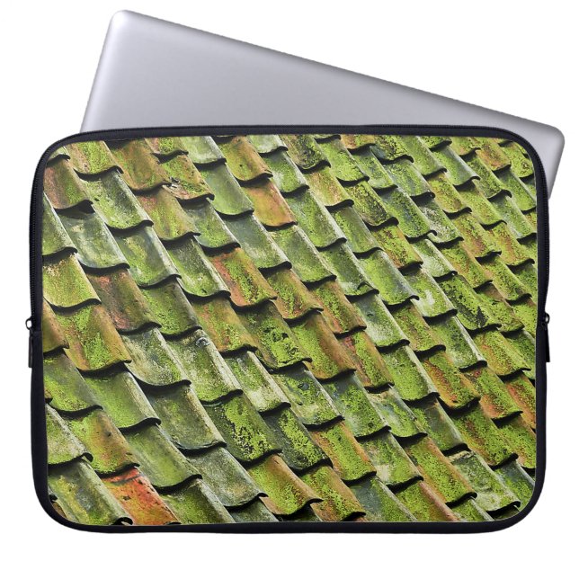 Close-up photo of green shingle roof laptop sleeve (Front)